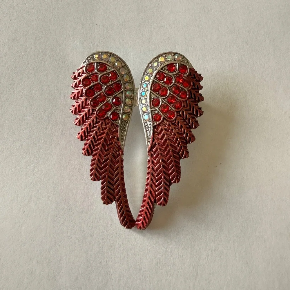 Silver Tone Angel Wing Brooch Red Rhinestone AB Crystal Fashion Pin